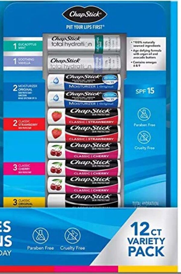 ChapStick Variety Pack Classic Original, Cherry, Strawberry, Lip Moisturizer & Total Hydration (12 ct.)